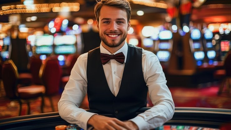 Tangan memegang kartu permainan casino di meja dengan chip warna-warni
